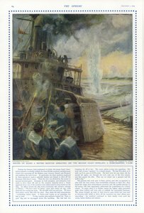 Sailors on board a British monitor off the Belgian coast repelling a bomb-dropping German taube aircraft, World War I
